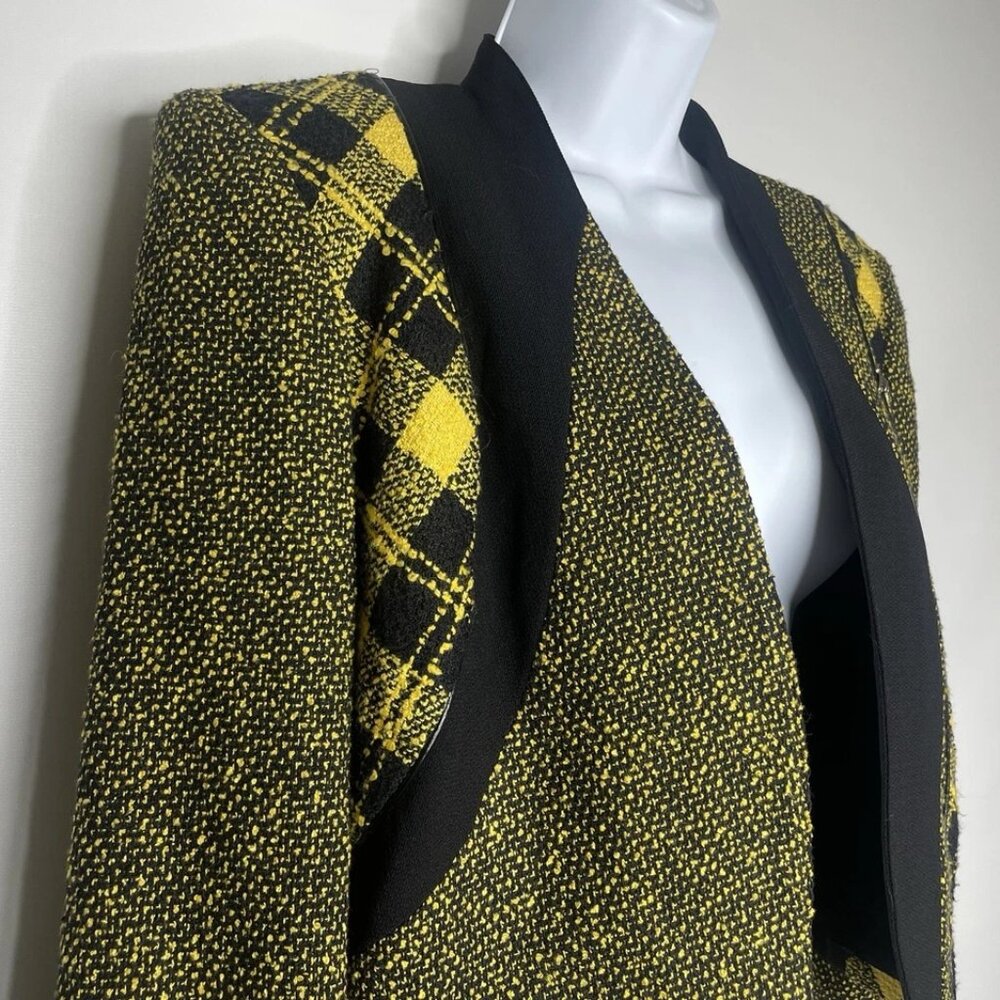 Vintage 90s City Girl Black Yellow Tweed Plaid Cropped Open Front Blazer Size 6 - Picture 4 of 10
